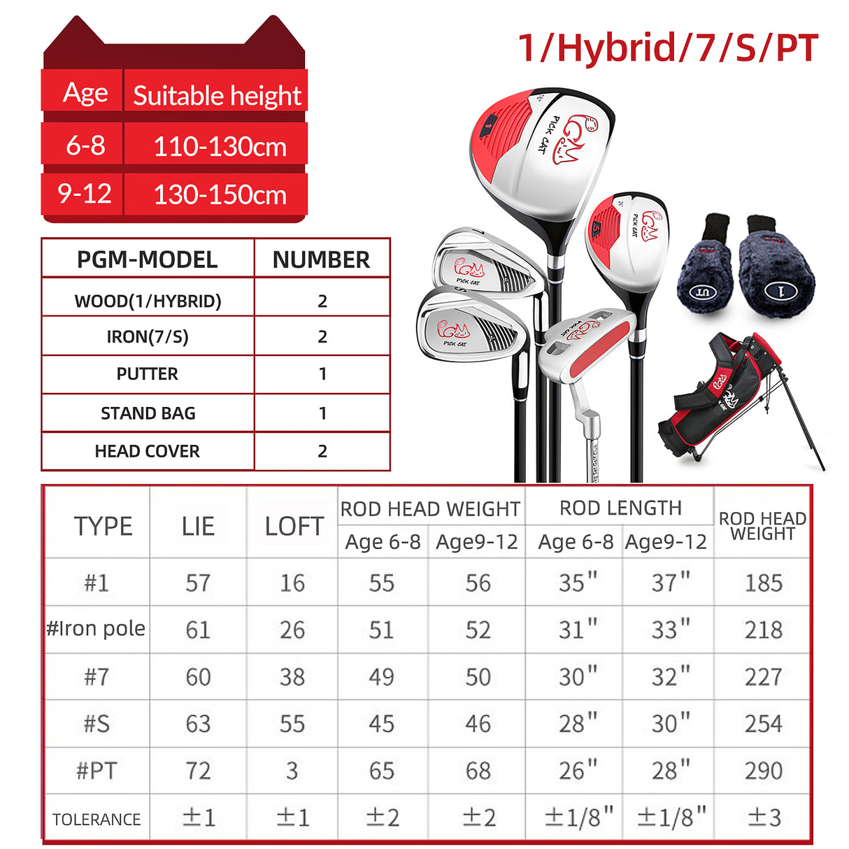 PGM JRTG007 Junior Adjustable Golf Club Set for Kids, right-handed Lightweight with Stand Bag, Ages 6-12