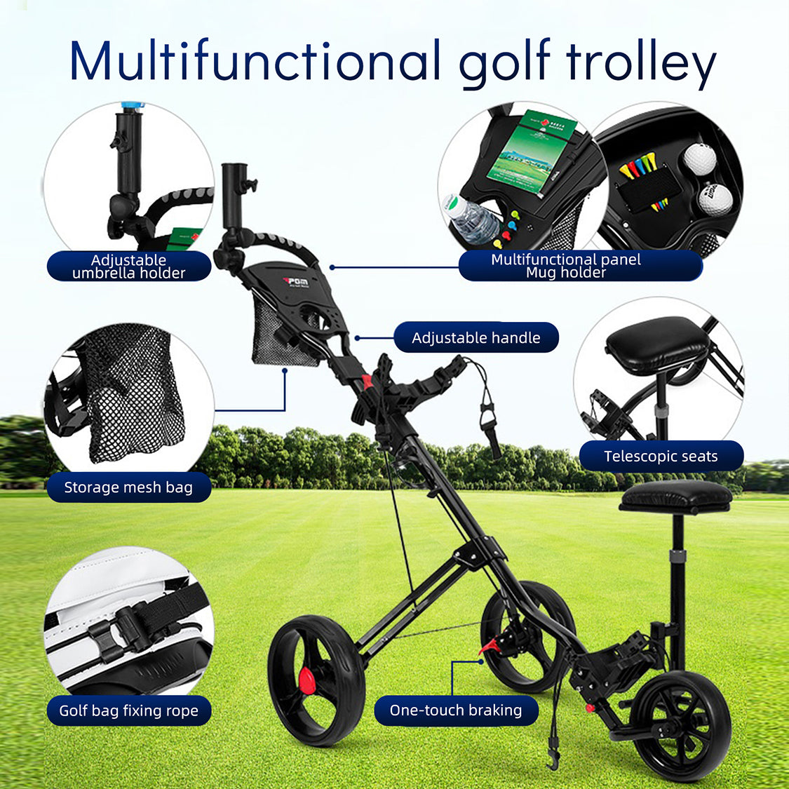 PGM QC006 Multifunctional 3-Wheel Golf Push Cart with Adjustable Handle and Umbrella Holder