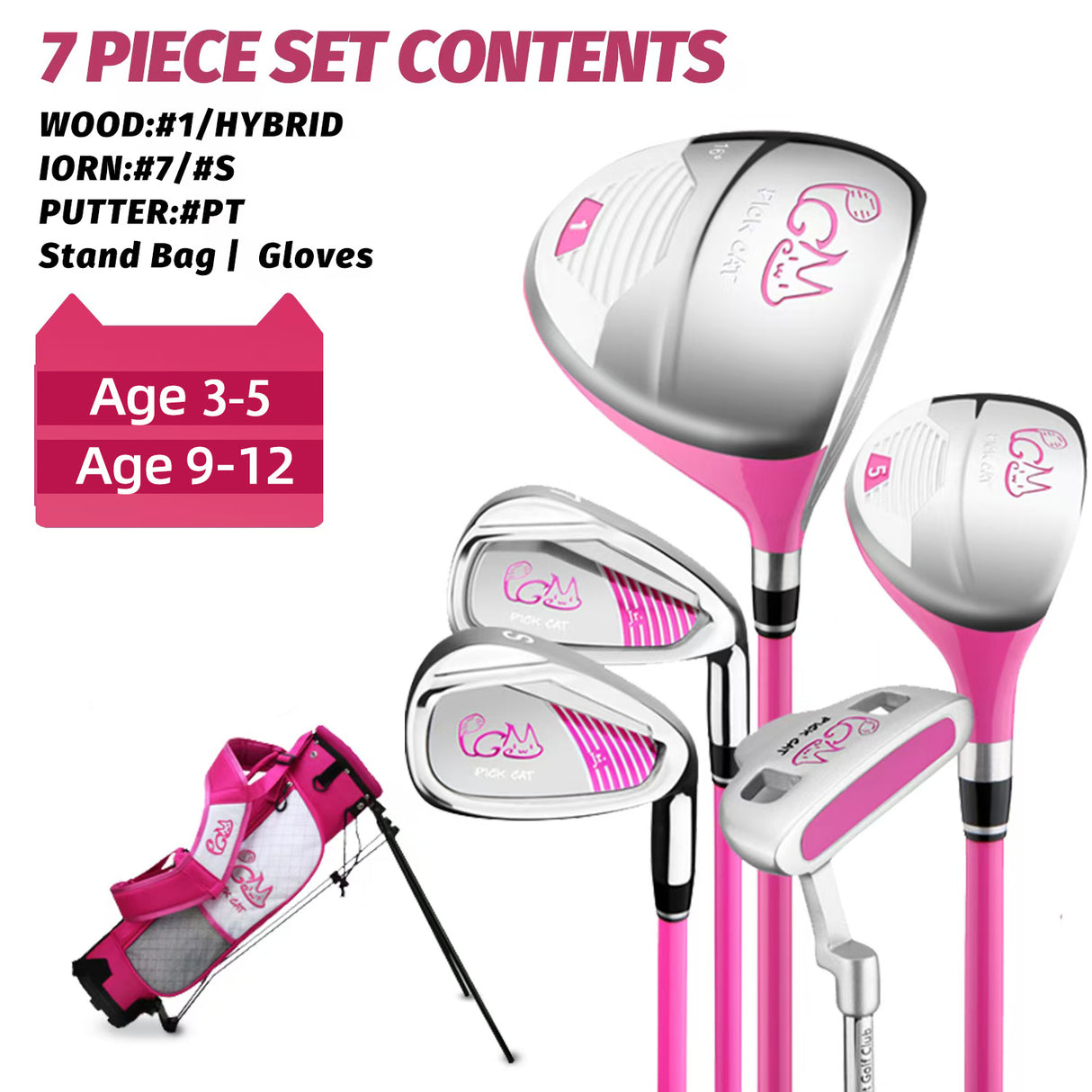 PGM JRTG007 Junior Adjustable Golf Club Set for Kids, right-handed Lightweight with Stand Bag,  5 Clubs Ages 6-12