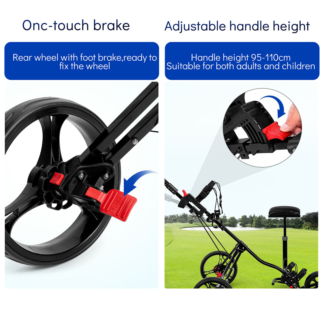 PGM QC006 Multifunctional 3-Wheel Golf Push Cart with Adjustable Handle and Umbrella Holder