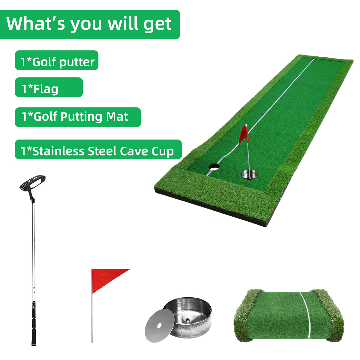 PGM GL001-46 Mini Golf Putting Green Practice Mat set with a golf putter