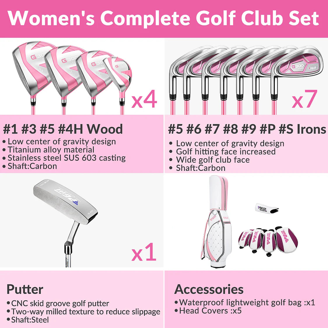 PGM LTG025 Left handed Women's Complete Golf Club Set 12 Clubs with Bag