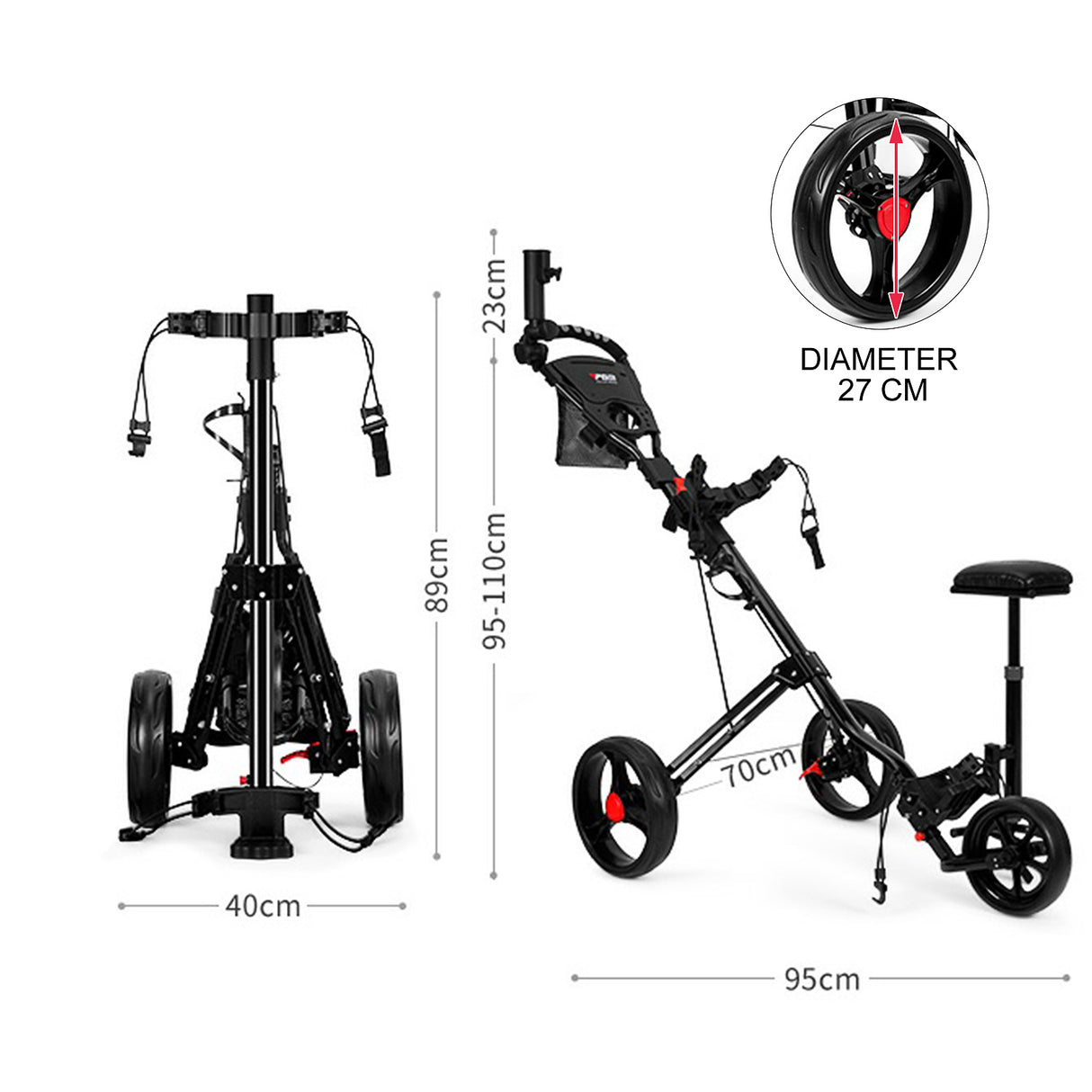 PGM QC006 Multifunctional 3-Wheel Golf Push Cart with Adjustable Handle and Umbrella Holder